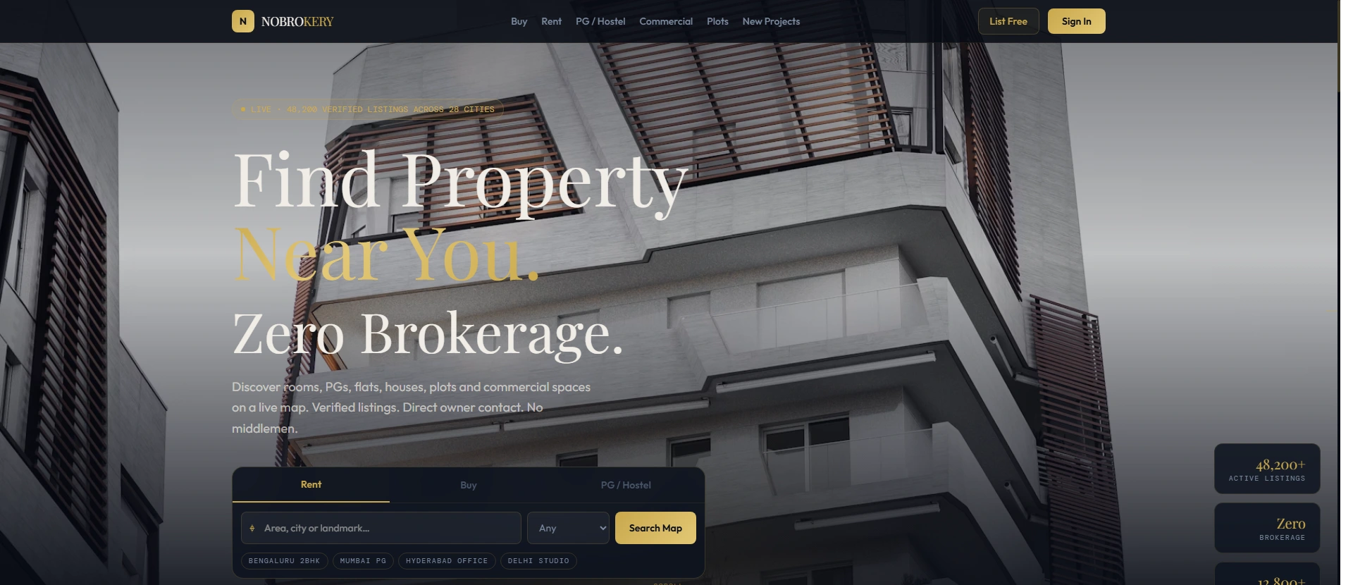 NOBROKERY web experience UI UX design by OPTYVIBE